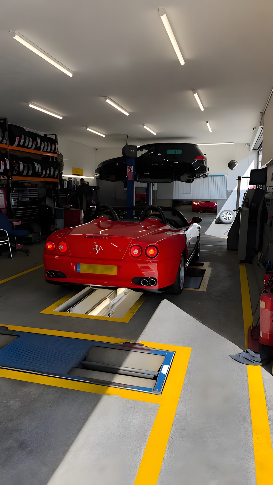 Red Ferrari 550 Barchetta in for MOT inspection
