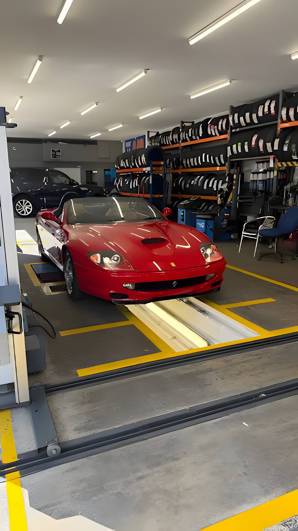 Red Ferrari on the ramp for specialist service